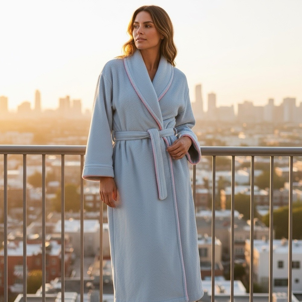 Vintage Sears At Home Wear Belted Robe Housecoat M/L Blue Pink Fleece 70s